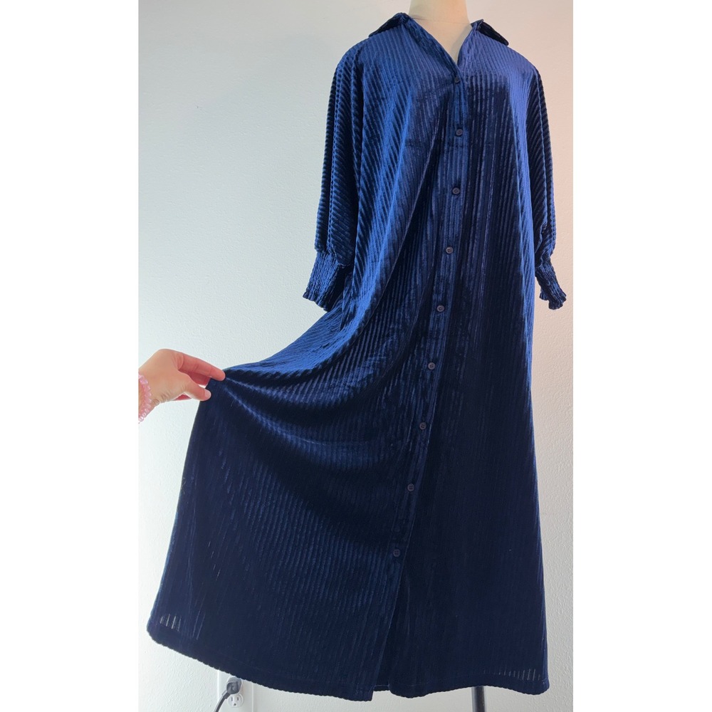 Umgee Blue Velvet Striped Shirt Dress Oversized Ribbed Button Down Boho Grunge M